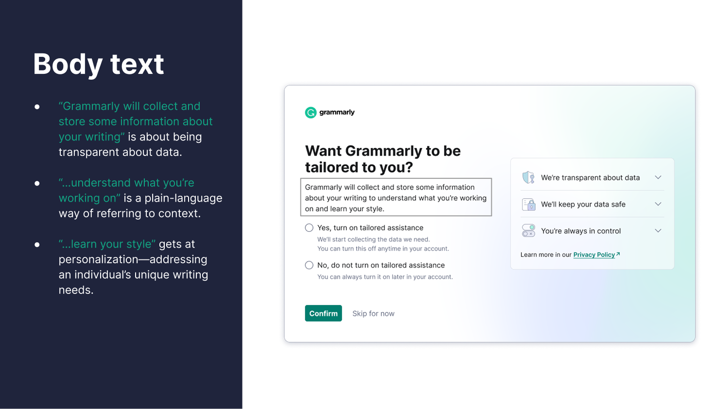 Body text breakdown — each phrase annotated: collect and store, understand context, learn your style