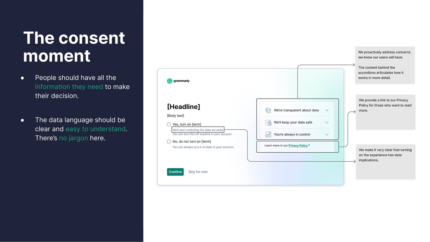 Consent modal annotated — proactively addresses concerns, accordion detail, privacy policy link, data implications clear