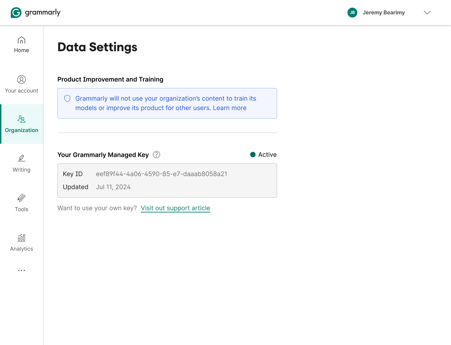 Q3 — Grammarly Managed Key introduced, key ID visible, BYOK path surfaced