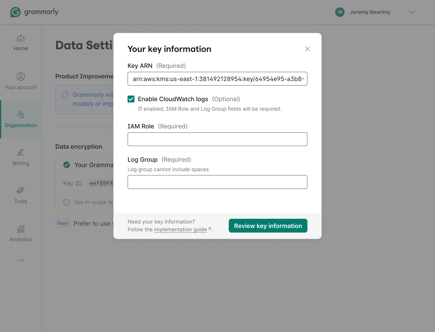Q4 — Key ARN entry form with optional CloudWatch logs, IAM Role, Log Group
