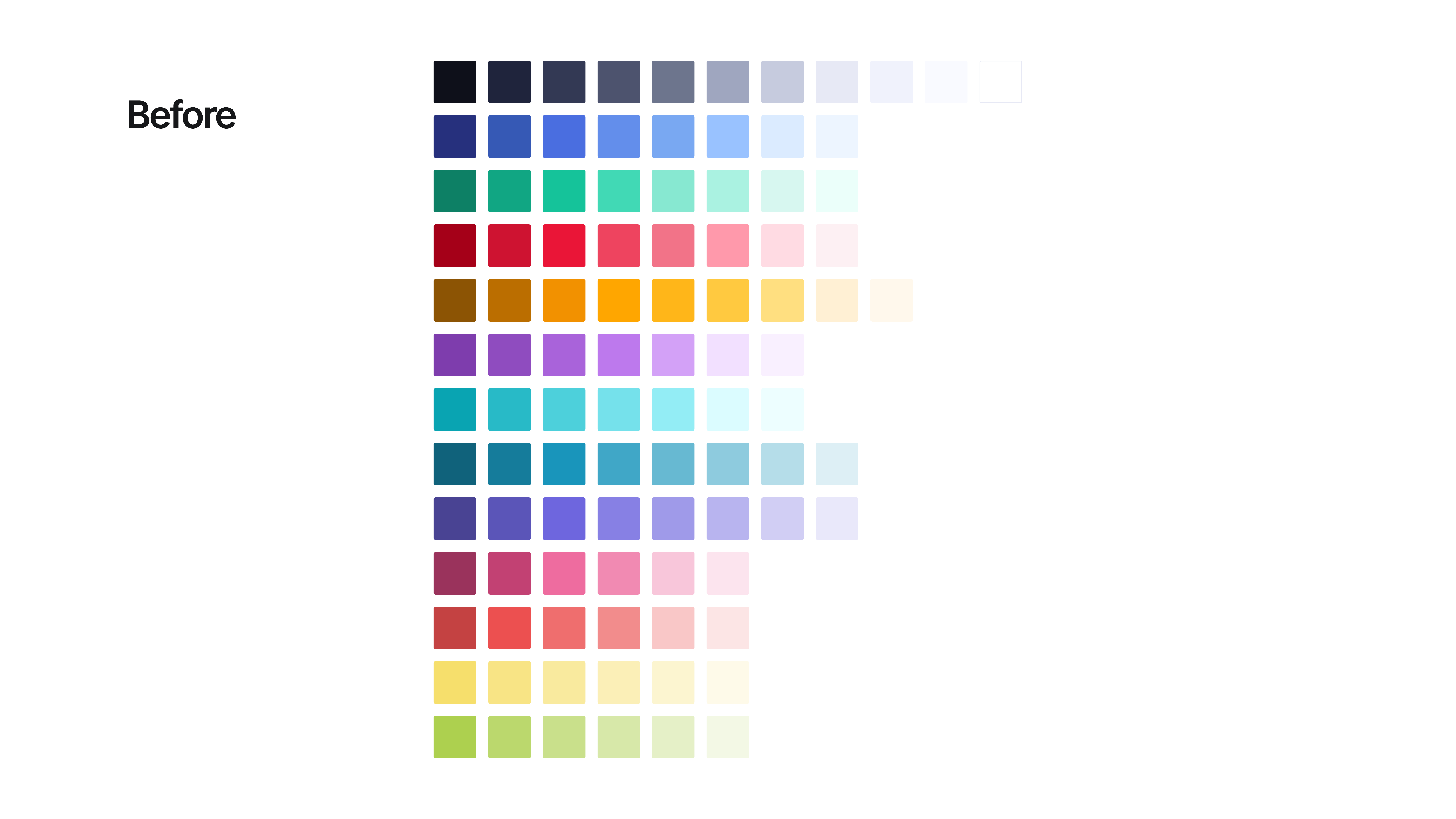 Color palette before — fragmented, inconsistent across products