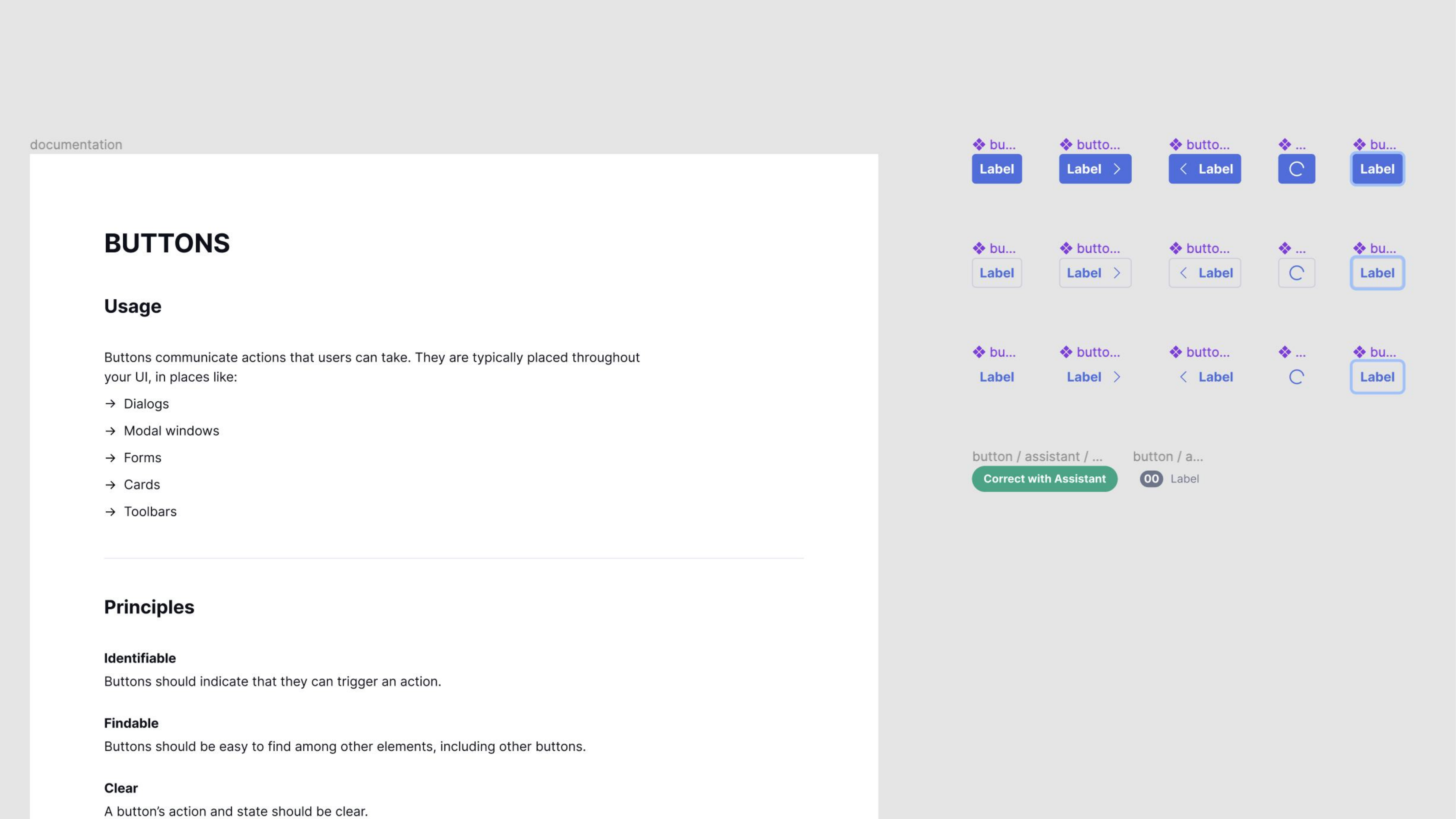 Docs site alongside Figma component library — Button page with usage, principles, and variants