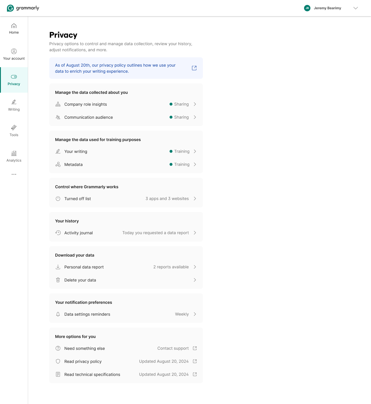 Privacy Hub home — data categories as the organizing principle