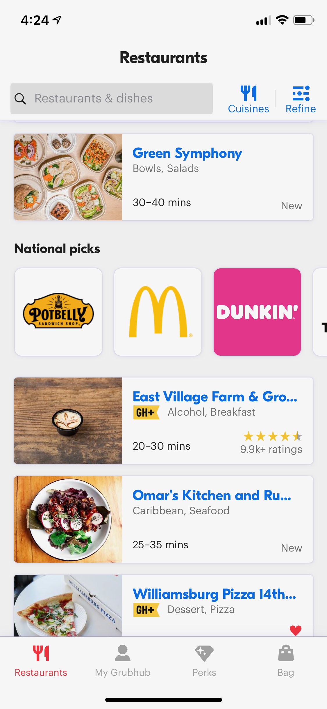 Baseline — Restaurants tab, old nav: Restaurants / My Grubhub / Perks / Bag