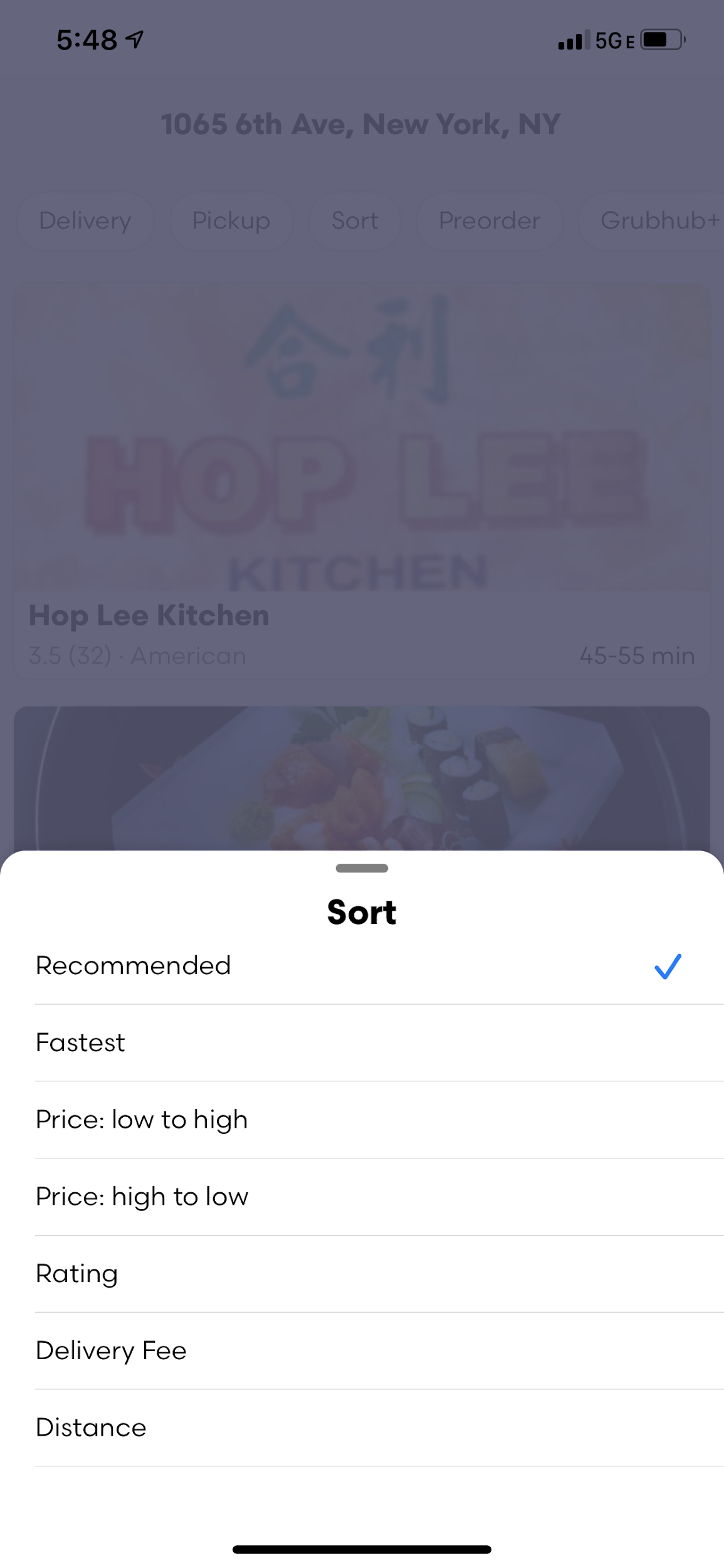 Sunburst sort sheet — layered sort options: Recommended, Fastest, Price, Rating, Delivery Fee, Distance
