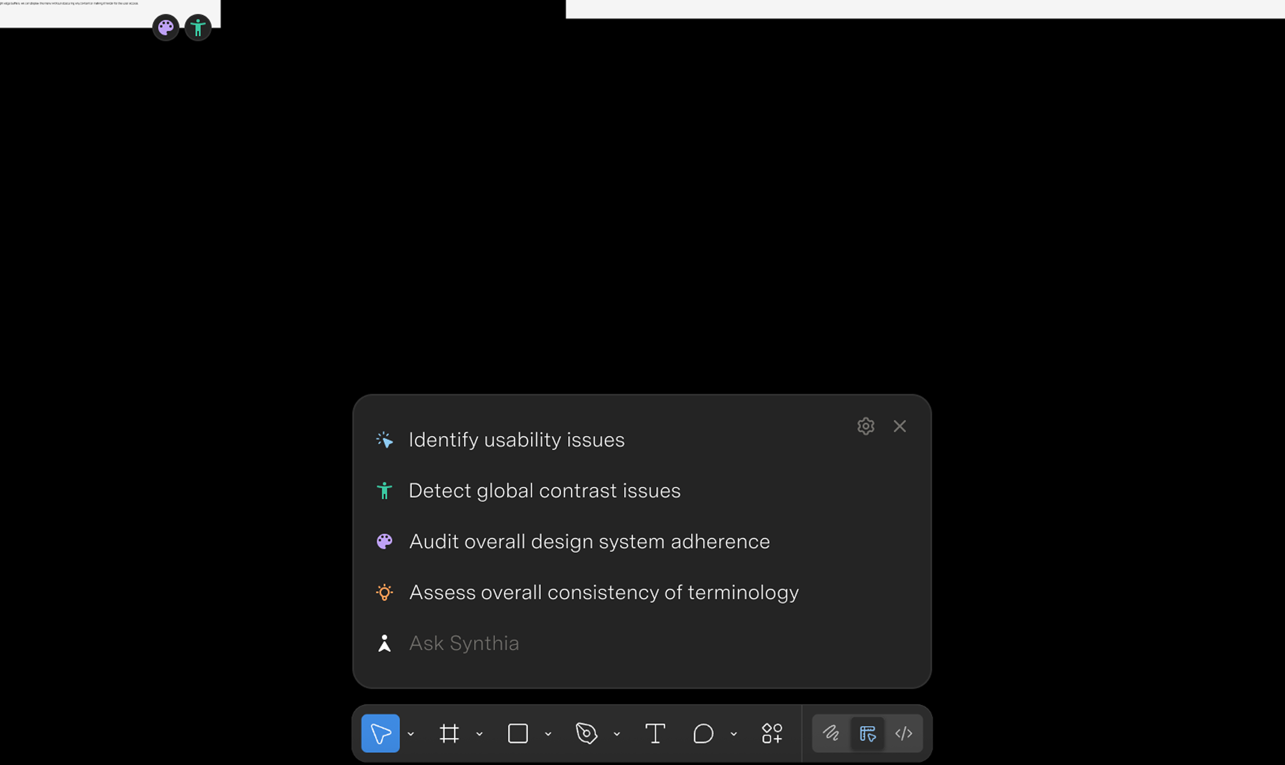 Original SYNTHIA vision — context-aware feedback in Figma. Artboard-level suggestion badges in the corners of each frame; a 'Ask Synthia' command bar at the bottom of the canvas with prompts like 'Identify usability issues' and 'Detect global contrast issues'